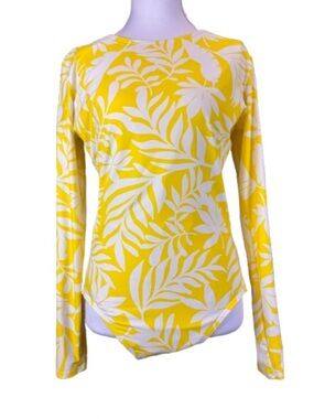 Kate Spade Yellow Tropical Leaf Long Sleeve One Piece Swimsuit L